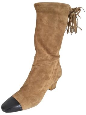 Rupert Sanderson Tan Suede Mid-Calf Boot with Black Cap Toe and Fringe Tie 37